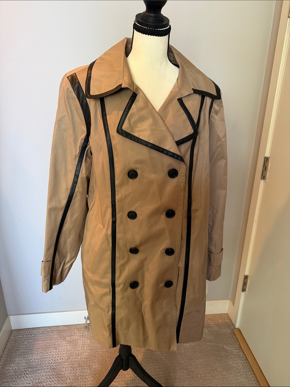 Dana Buchman Tan Trench Coat with Black Faux Leather Trim